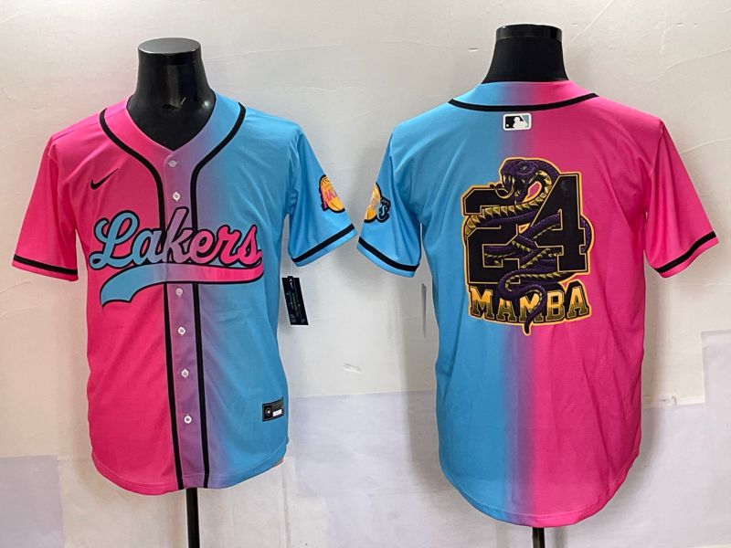 Men 2025 Los Angeles Lakers Blank Blue pink Nike Joint Name NBA Jersey style 4